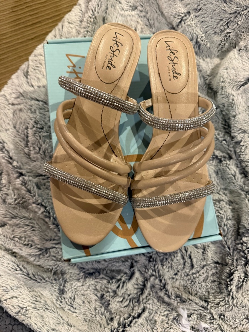 Life Stride Taupe Rhinestone Strappy Slide Sandals - Picture 2 of 2